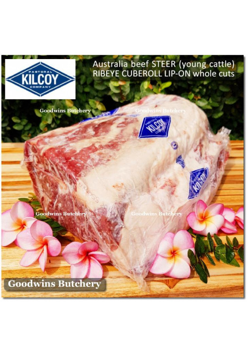 Beef Cuberoll Scotch-Fillet RIBEYE lip-on STEER (young cattle) aged 21days frozen Australia KILCOY BLUE DIAMOND whole cuts +/- 4kg length 12" 30cm (price/kg)